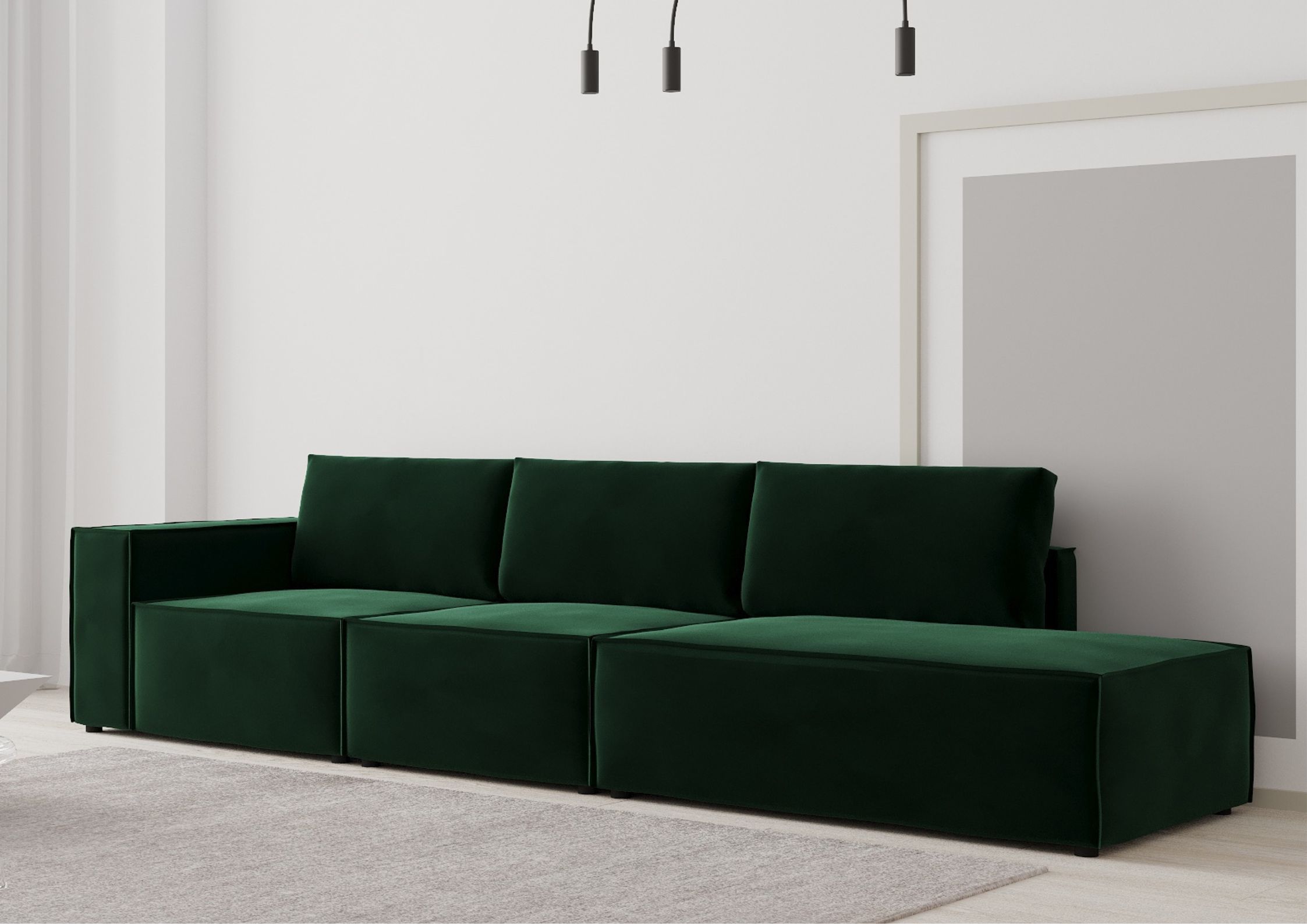 Zielona sofa modułowa z zewnętrznym szwem